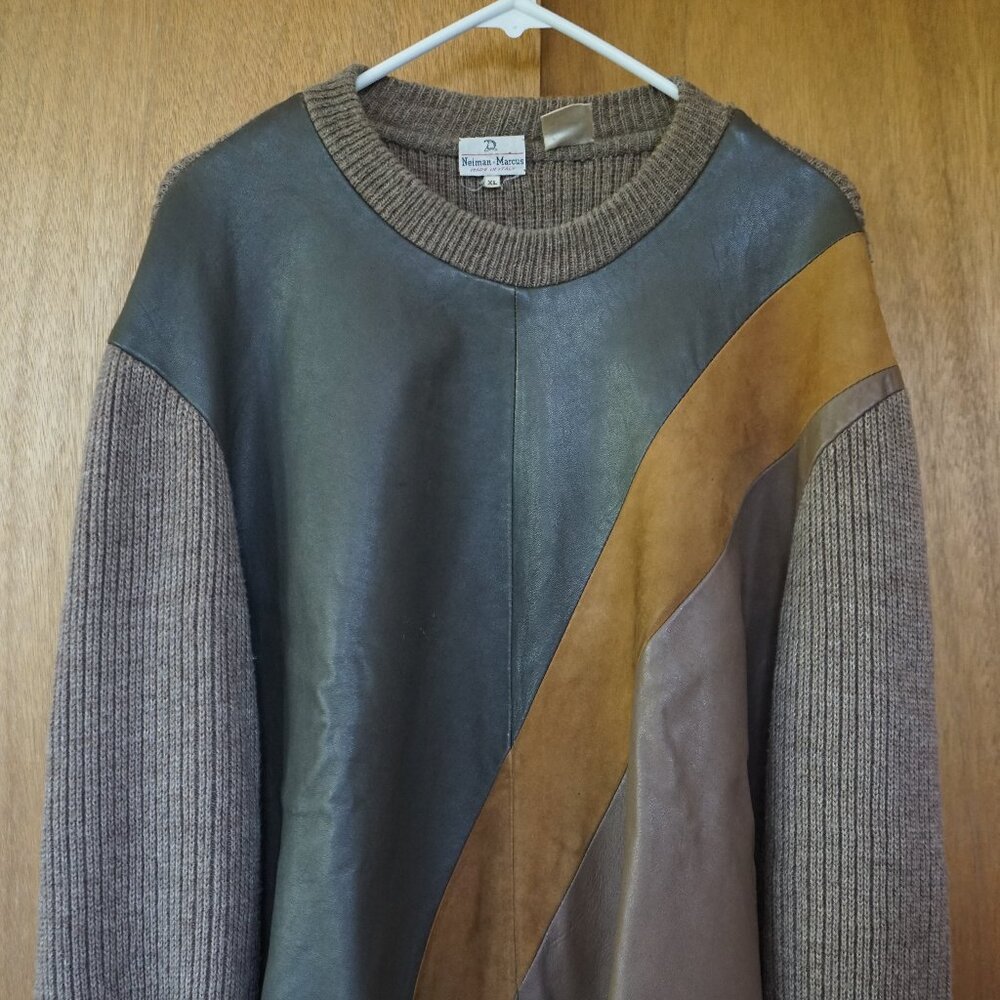 Vintage Neiman Marcus Men's XL Knit 27% Wool Leather Sweater "Very Good"